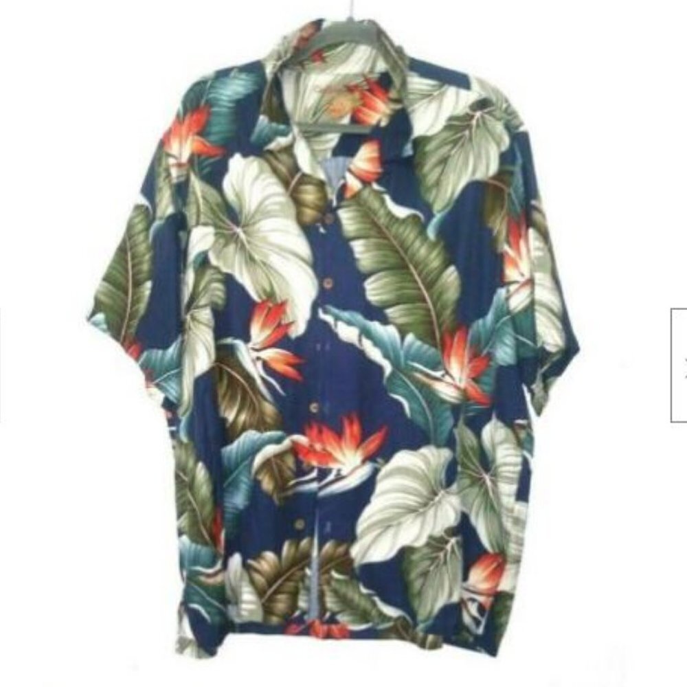Mens Hawaiian Shirt BIRD OF PARADISE Silk blend XL Caribbean Camp shirt multicol